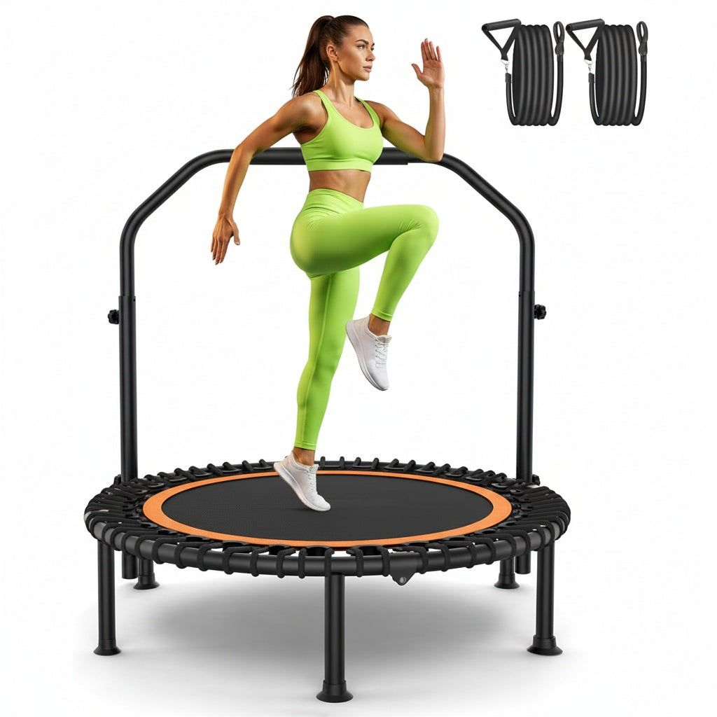 KRISRATE 40inch Foldable Trampoline Fitness Rebounder with Resistance Bands Adjustable Handle Max Load 450lbs