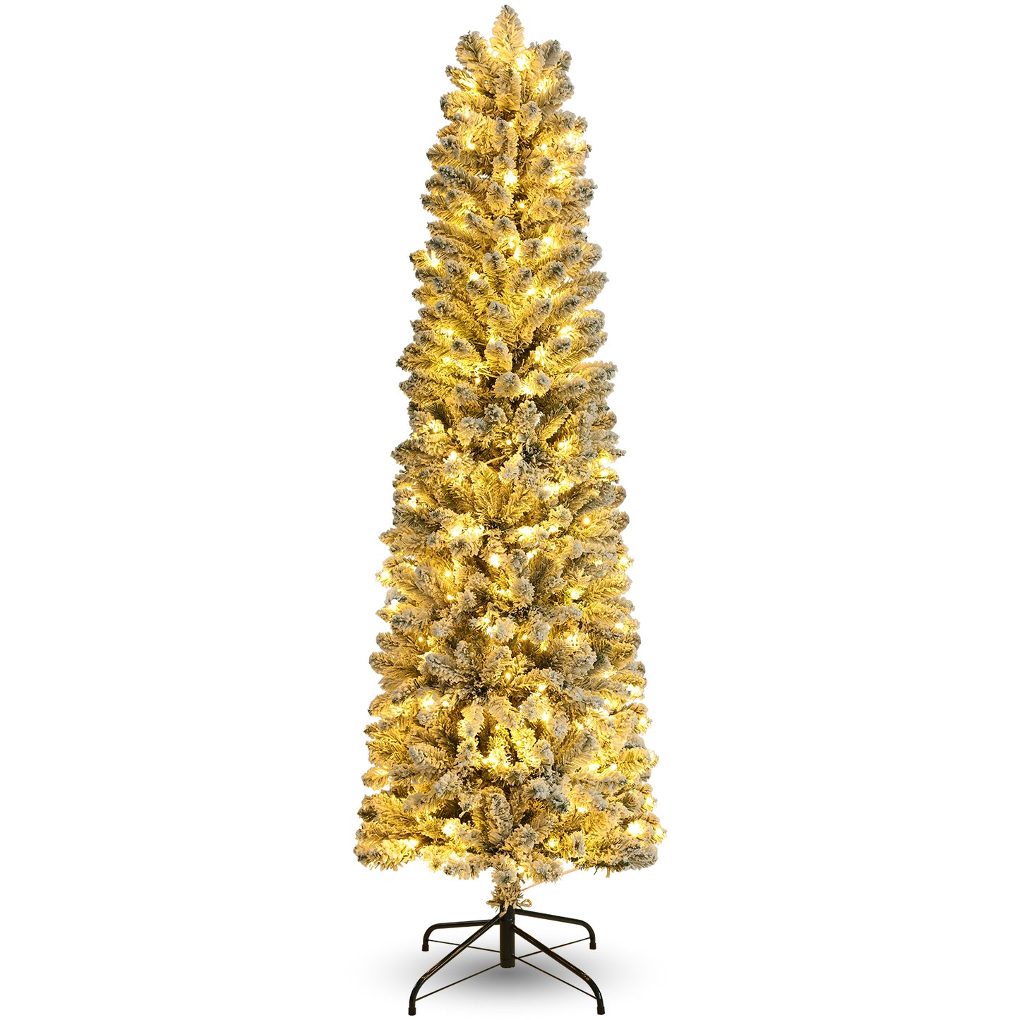 KRISRATE 6FT Prelit Snow Flocked Pencil Slim Christmas Tree, 500 PVC Branch Tips, 250 Warm White Lights,Metal Stand and Hinged Branches,8 Flash Modes