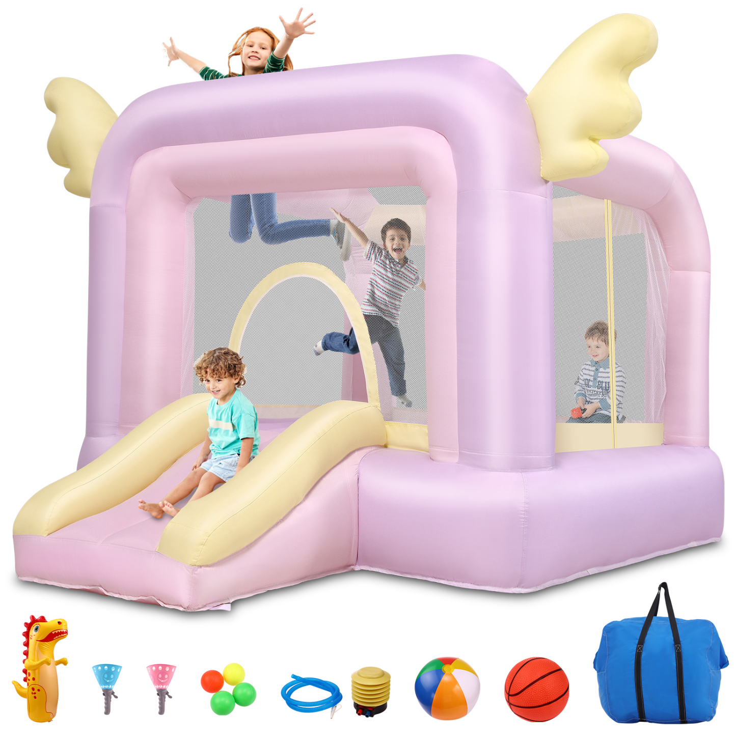 KRISRATE Inflatable Bounce House with Slide, Pink Kids Bouncy Castle for Indoor/Outdoor Use, with Basketball Hoop, Safety Net & 370W Blower for Party