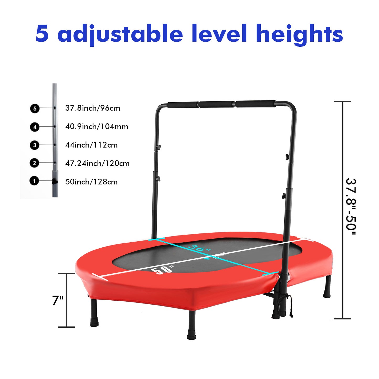 KRISRATE 56" Double Trampoline, Mini Fitness Rebounder with 5-Level Adjustable Handle, Parent-Child Trampoline, Max Load 220lbs, for Indoor/Outdoor
