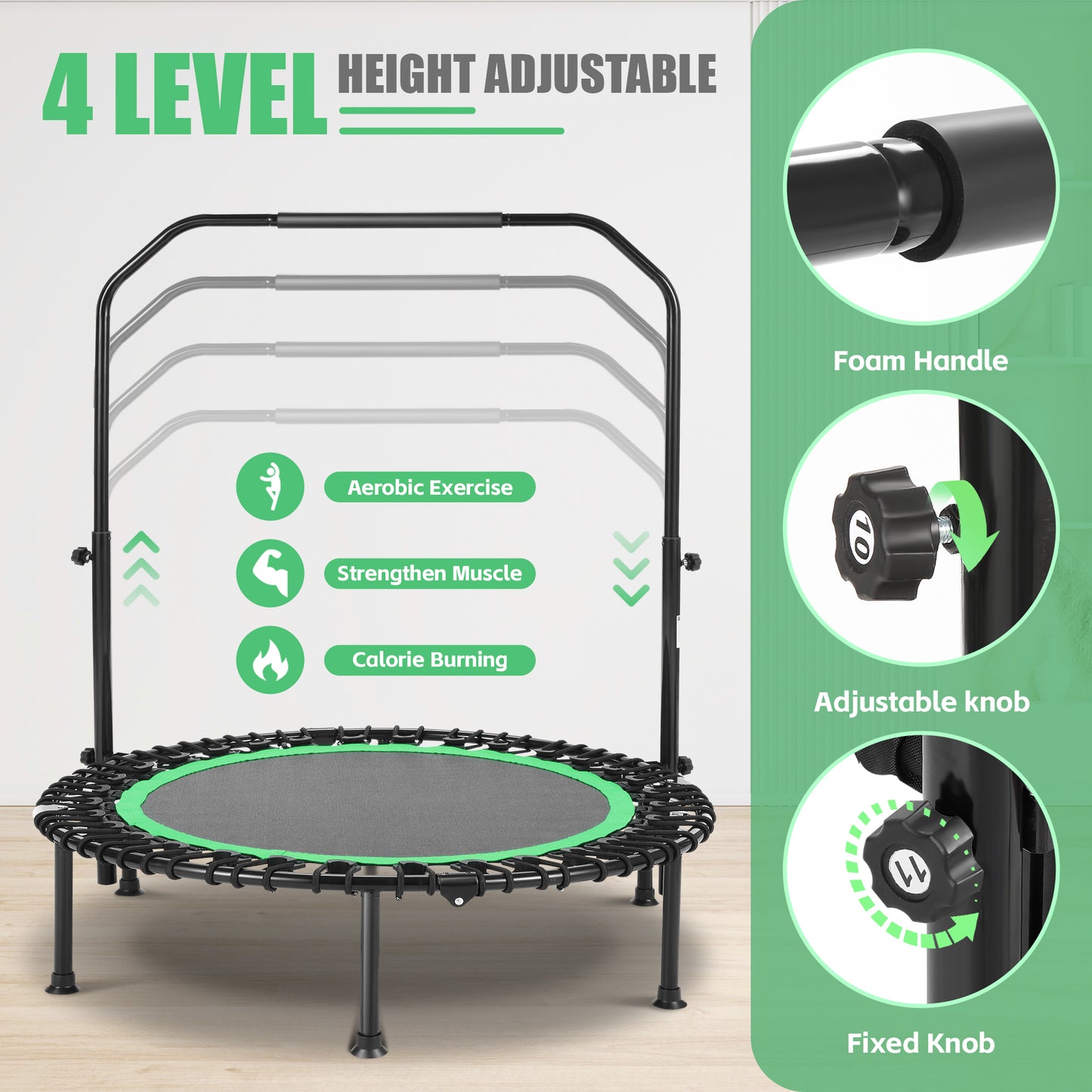 ANCHEER 40inch Foldable Trampoline Fitness Rebounder with Resistance Bands Adjustable Handle Max Load 450lbs