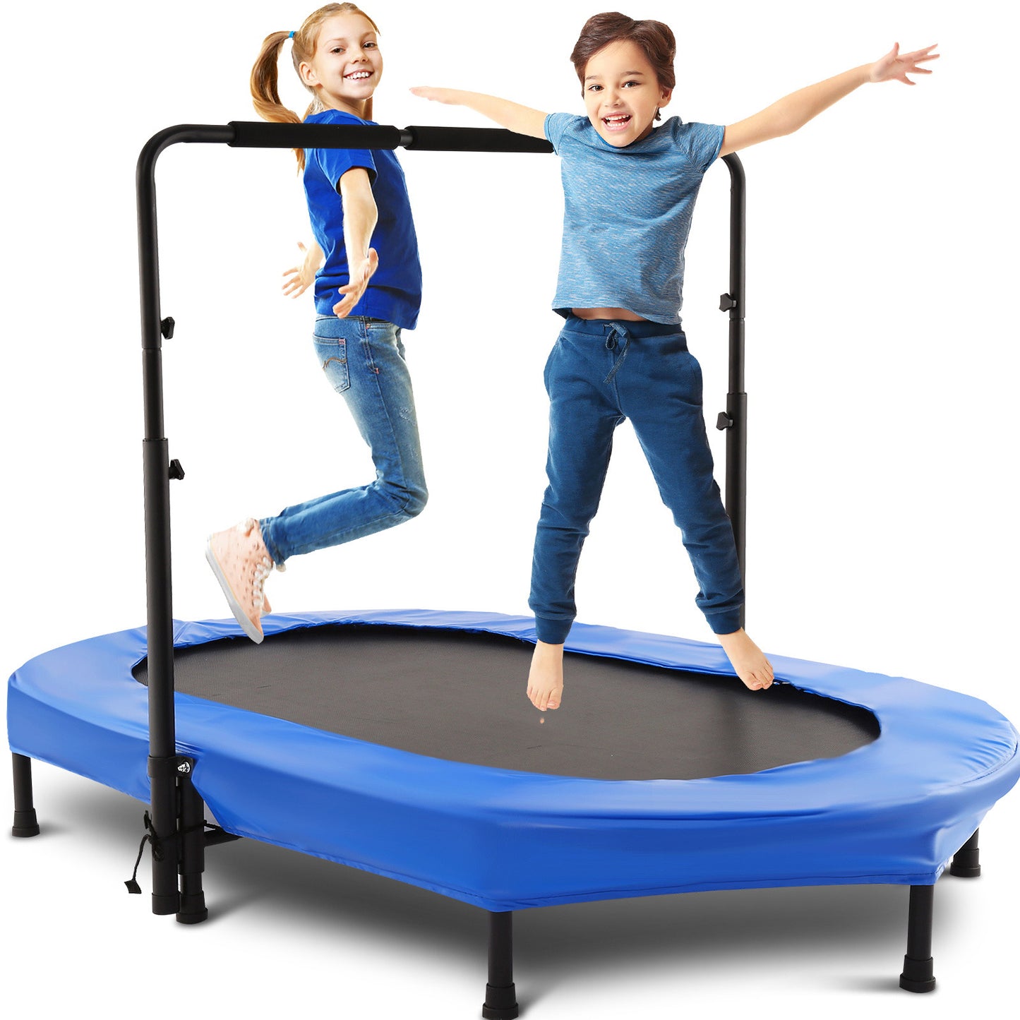 KRISRATE 56" Double Trampoline, Mini Fitness Rebounder with 5-Level Adjustable Handle, Parent-Child Trampoline, Max Load 220lbs, for Indoor/Outdoor
