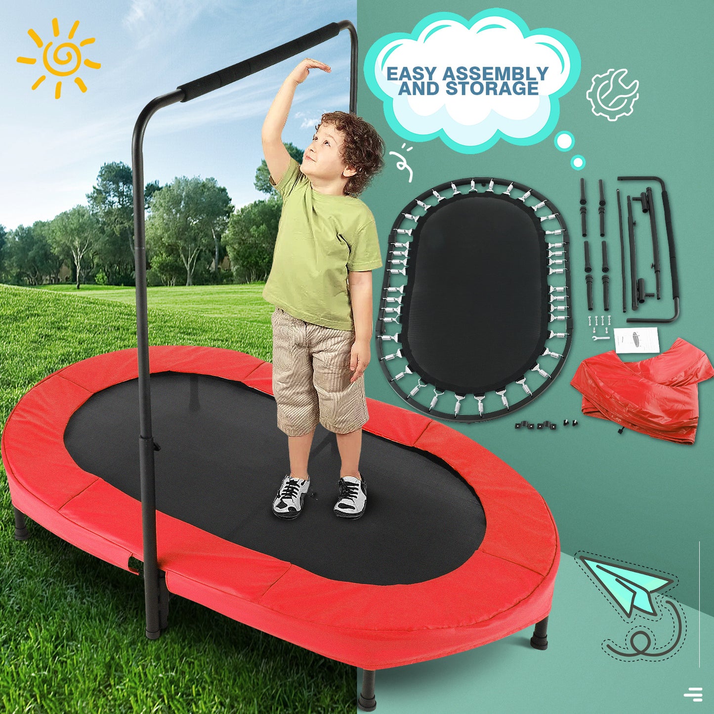 KRISRATE 56" Double Trampoline, Mini Fitness Rebounder with 5-Level Adjustable Handle, Parent-Child Trampoline, Max Load 220lbs, for Indoor/Outdoor
