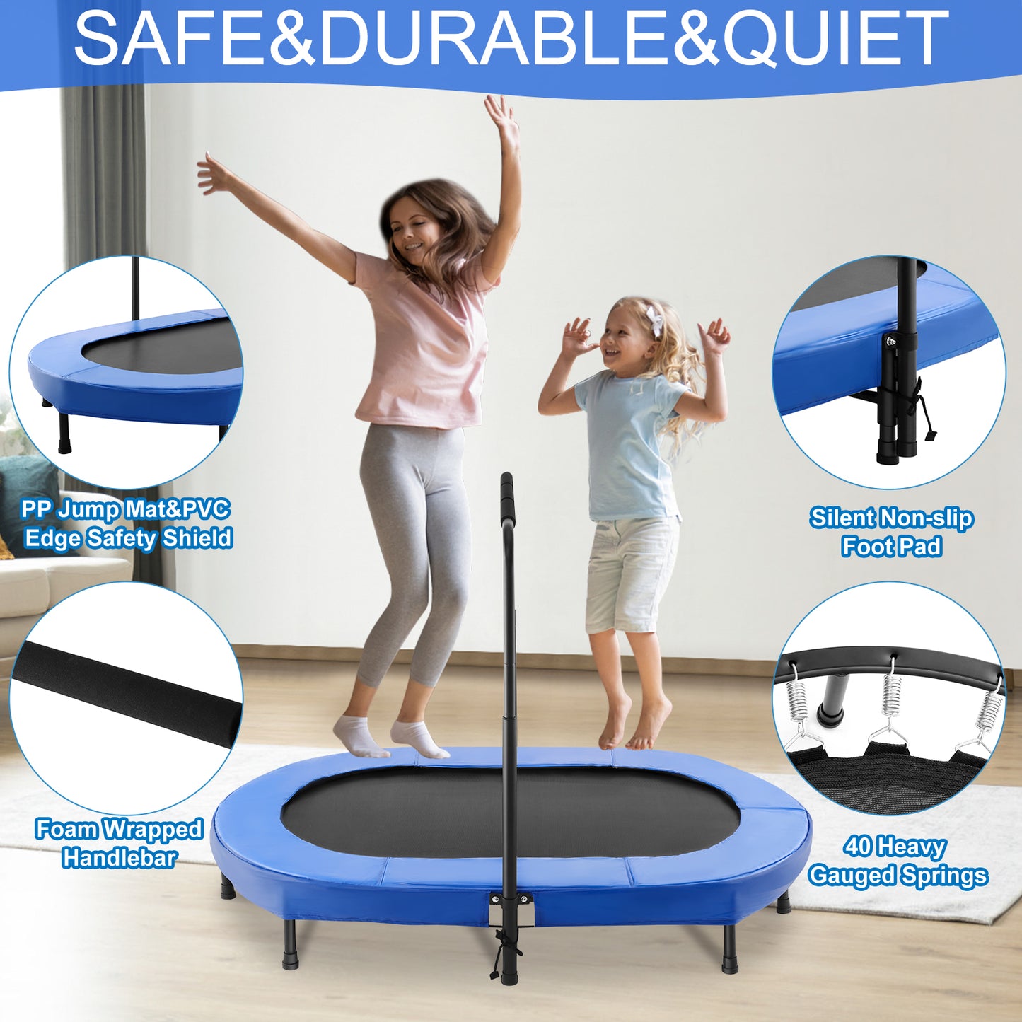 KRISRATE 56" Double Trampoline, Mini Fitness Rebounder with 5-Level Adjustable Handle, Parent-Child Trampoline, Max Load 220lbs, for Indoor/Outdoor