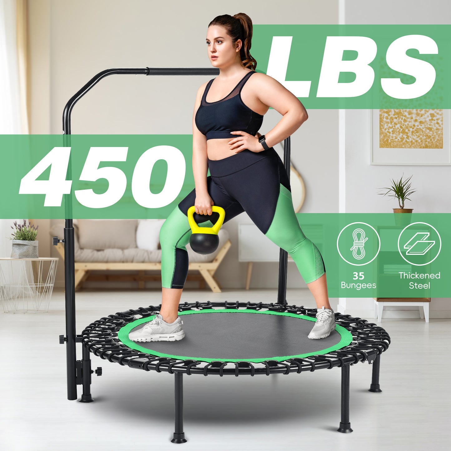 ANCHEER 40inch Foldable Trampoline Fitness Rebounder with Resistance Bands Adjustable Handle Max Load 450lbs