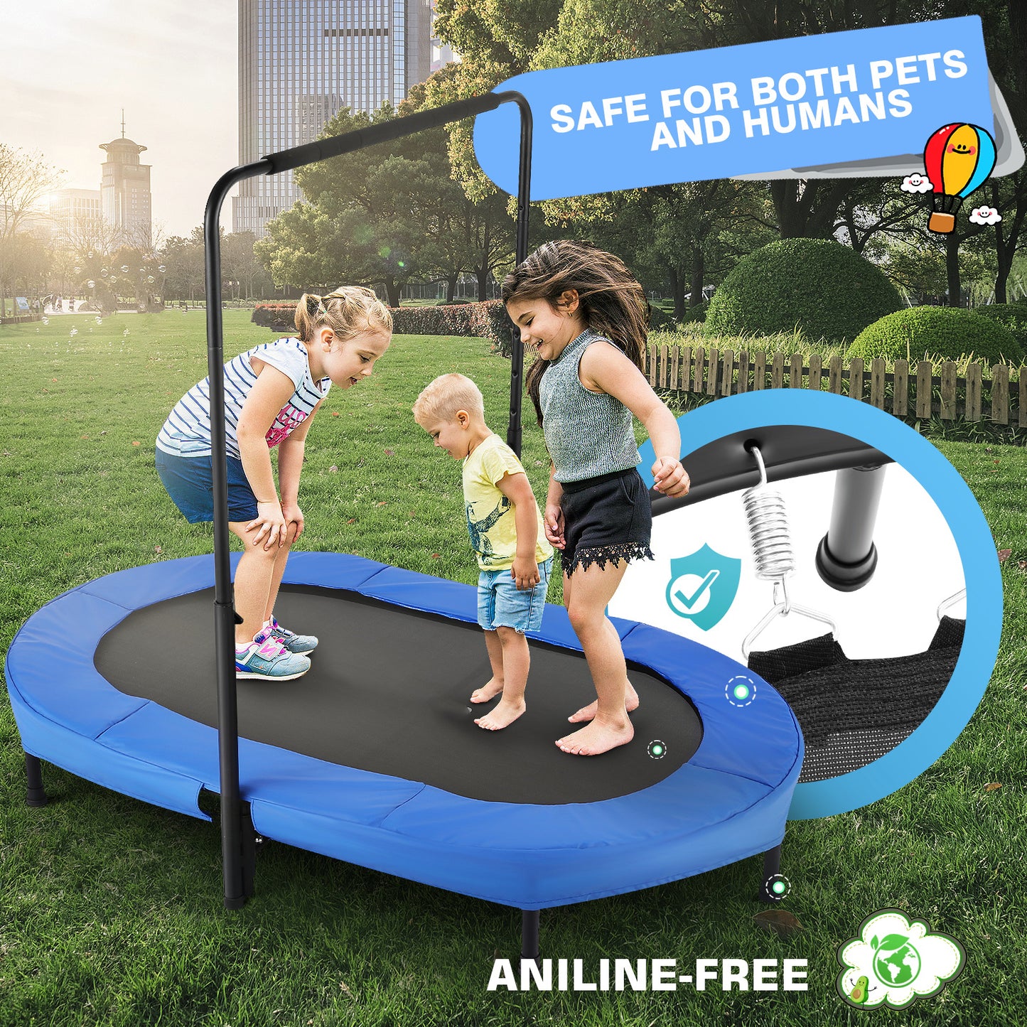 KRISRATE 56" Double Trampoline, Mini Fitness Rebounder with 5-Level Adjustable Handle, Parent-Child Trampoline, Max Load 220lbs, for Indoor/Outdoor