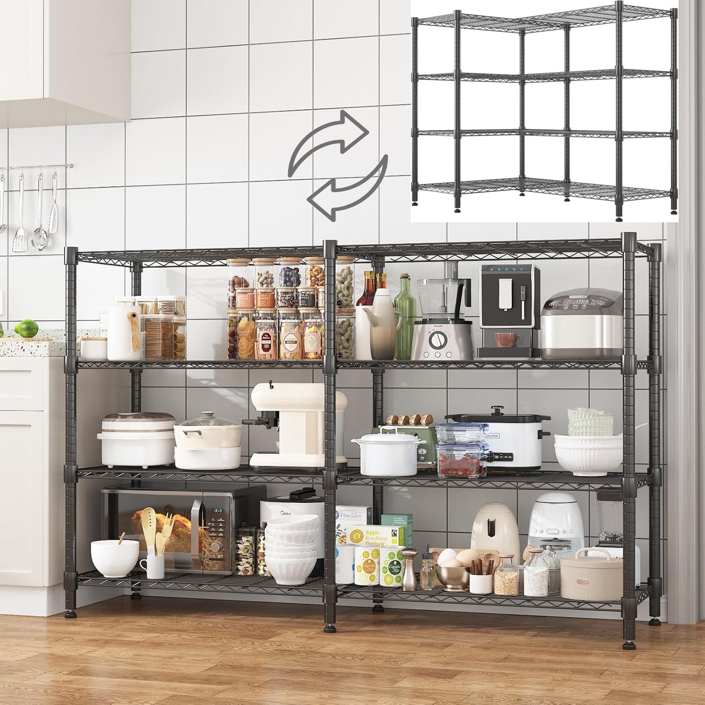 KRISRATE 4/5 Tier Wide Wire Shelving Storage Shelves Metal Closet/garage, 2-in-1 Linear/corner Setup Metal Shelves Heavy Duty w/ Adjustable Shelves