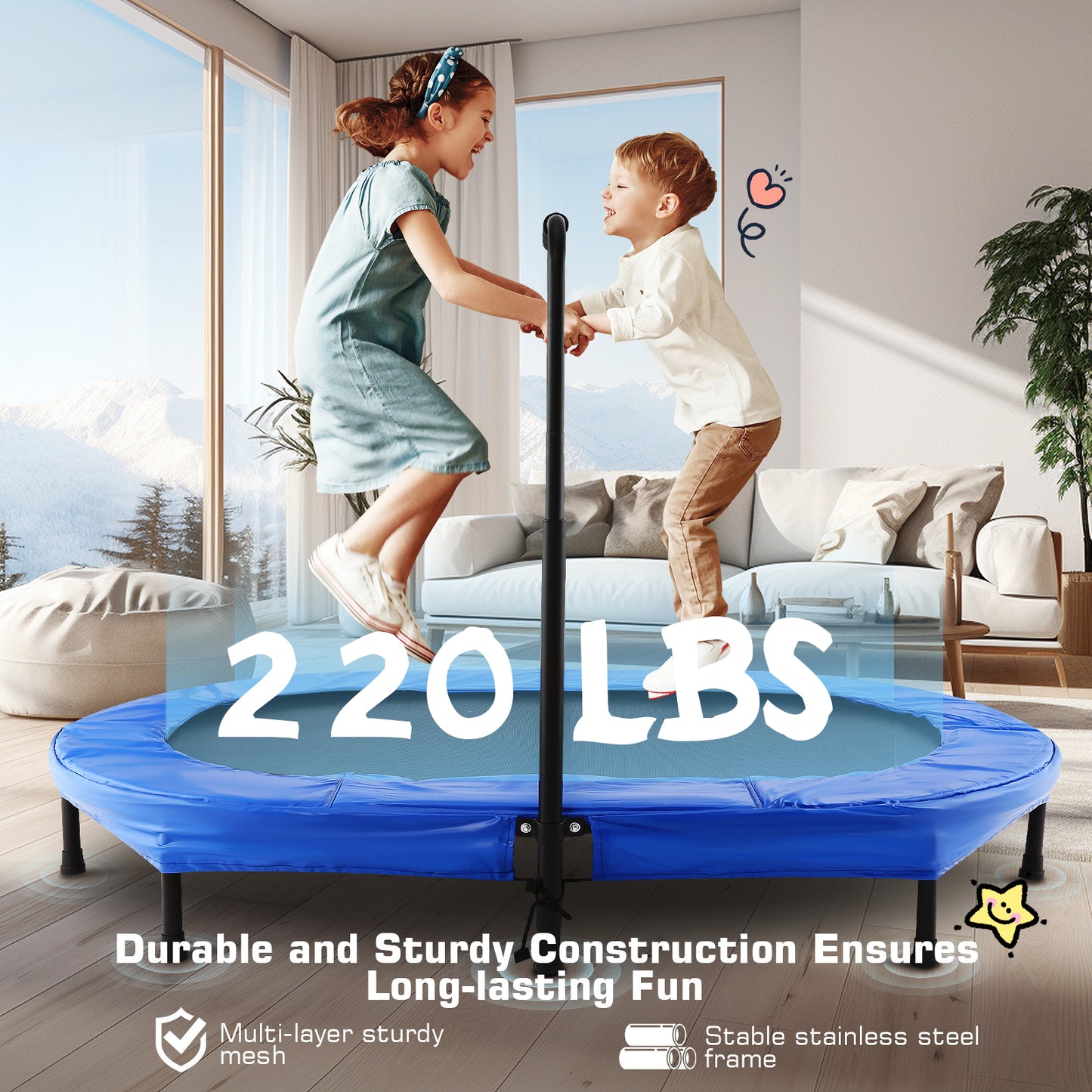 KRISRATE 56" Double Trampoline, Mini Fitness Rebounder with 5-Level Adjustable Handle, Parent-Child Trampoline, Max Load 220lbs, for Indoor/Outdoor