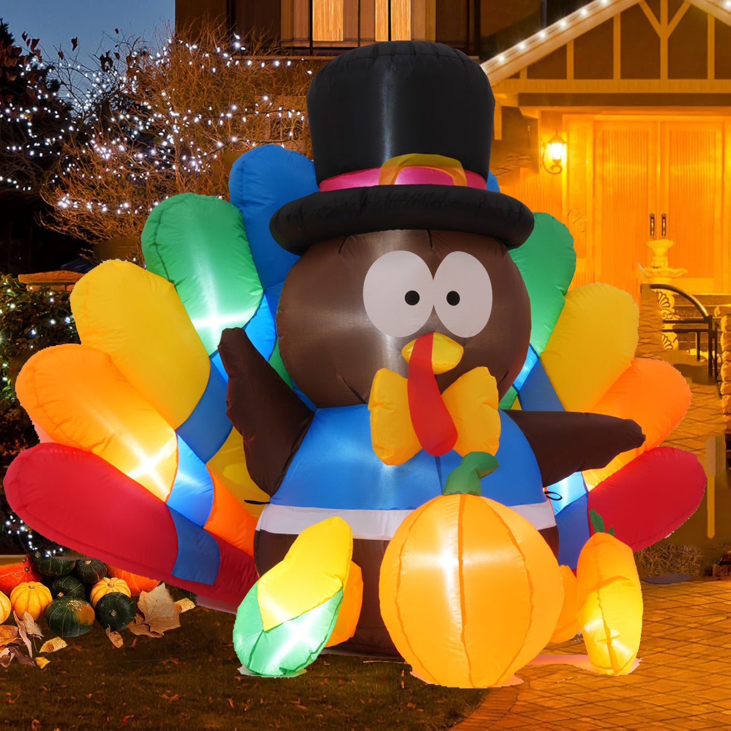 KRISRATE 6FT Thanksgiving Inflatables Turkey Decorations with Pilgrim Hat & Colorful Tail, Built-in LED Lights Blow up Turkey Inflatable Fall Holiday