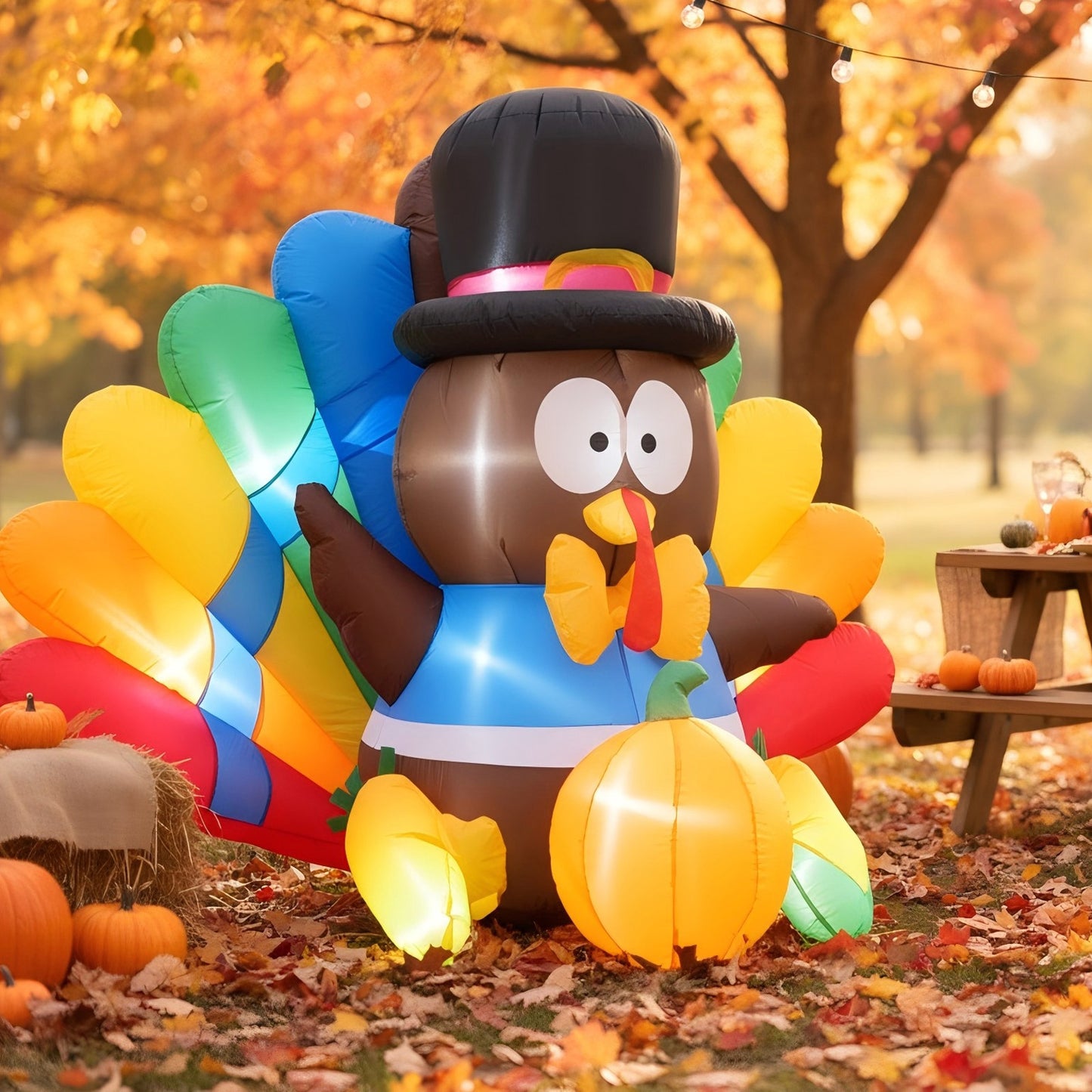 KRISRATE 6FT Thanksgiving Inflatables Turkey Decorations with Pilgrim Hat & Colorful Tail, Built-in LED Lights Blow up Turkey Inflatable Fall Holiday