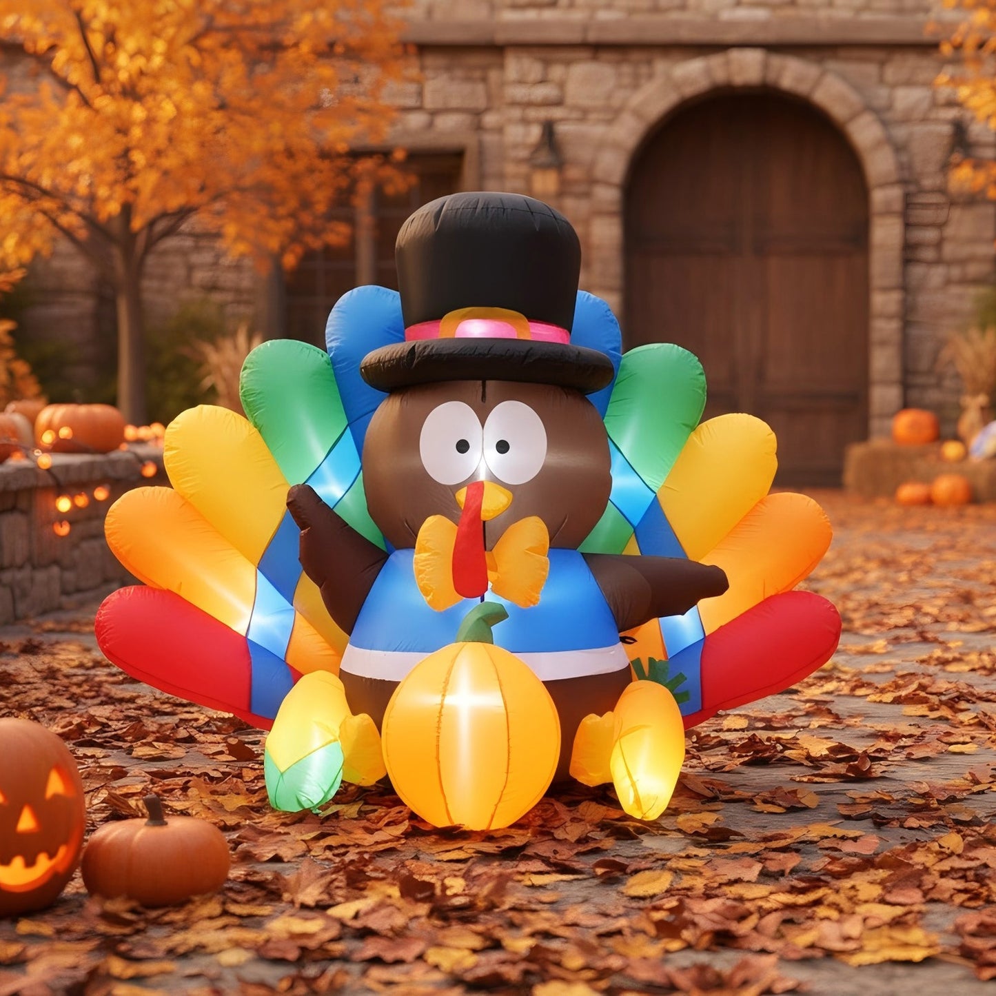 KRISRATE 6FT Thanksgiving Inflatables Turkey Decorations with Pilgrim Hat & Colorful Tail, Built-in LED Lights Blow up Turkey Inflatable Fall Holiday