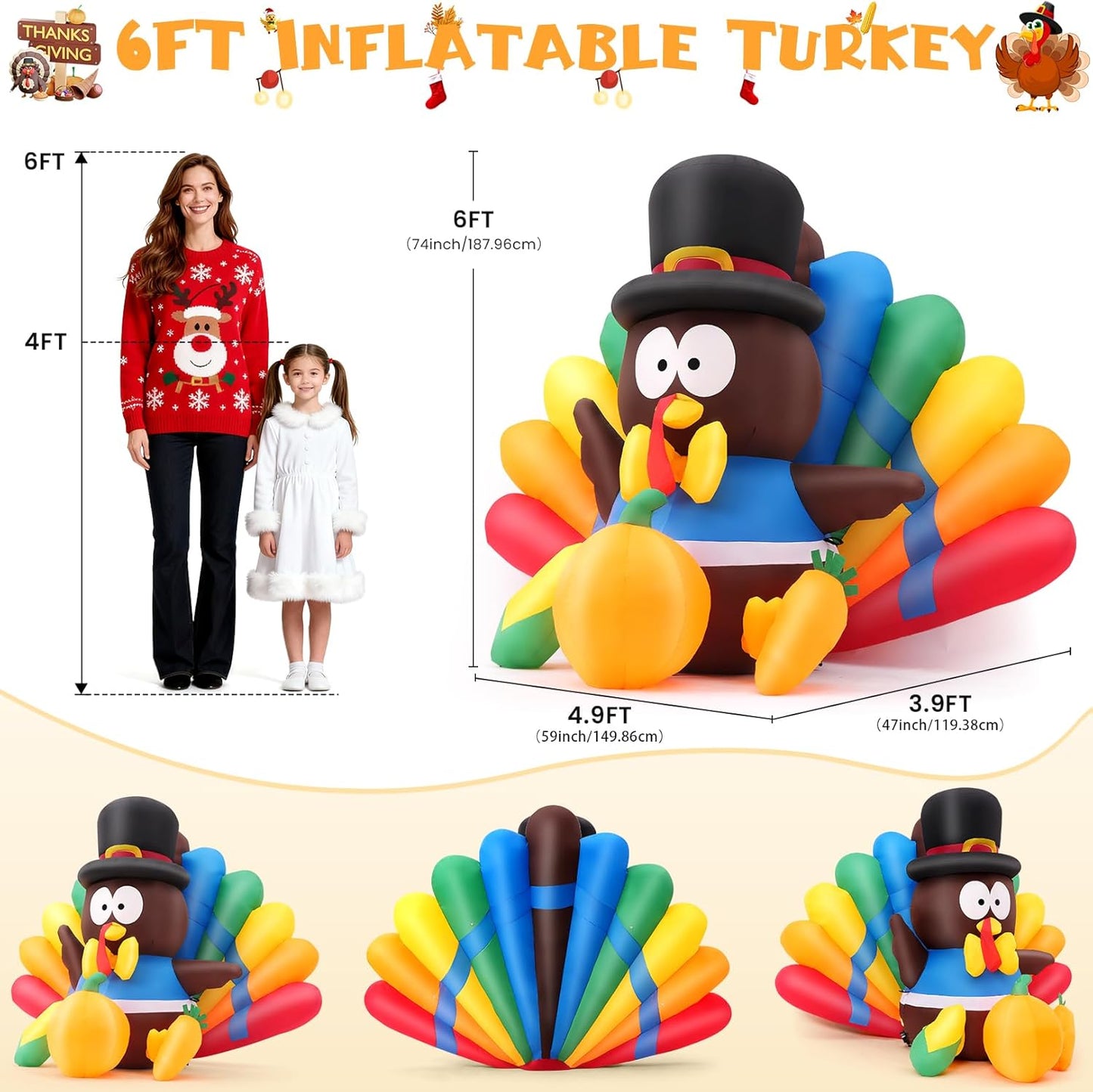 KRISRATE 6FT Thanksgiving Inflatables Turkey Decorations with Pilgrim Hat & Colorful Tail, Built-in LED Lights Blow up Turkey Inflatable Fall Holiday