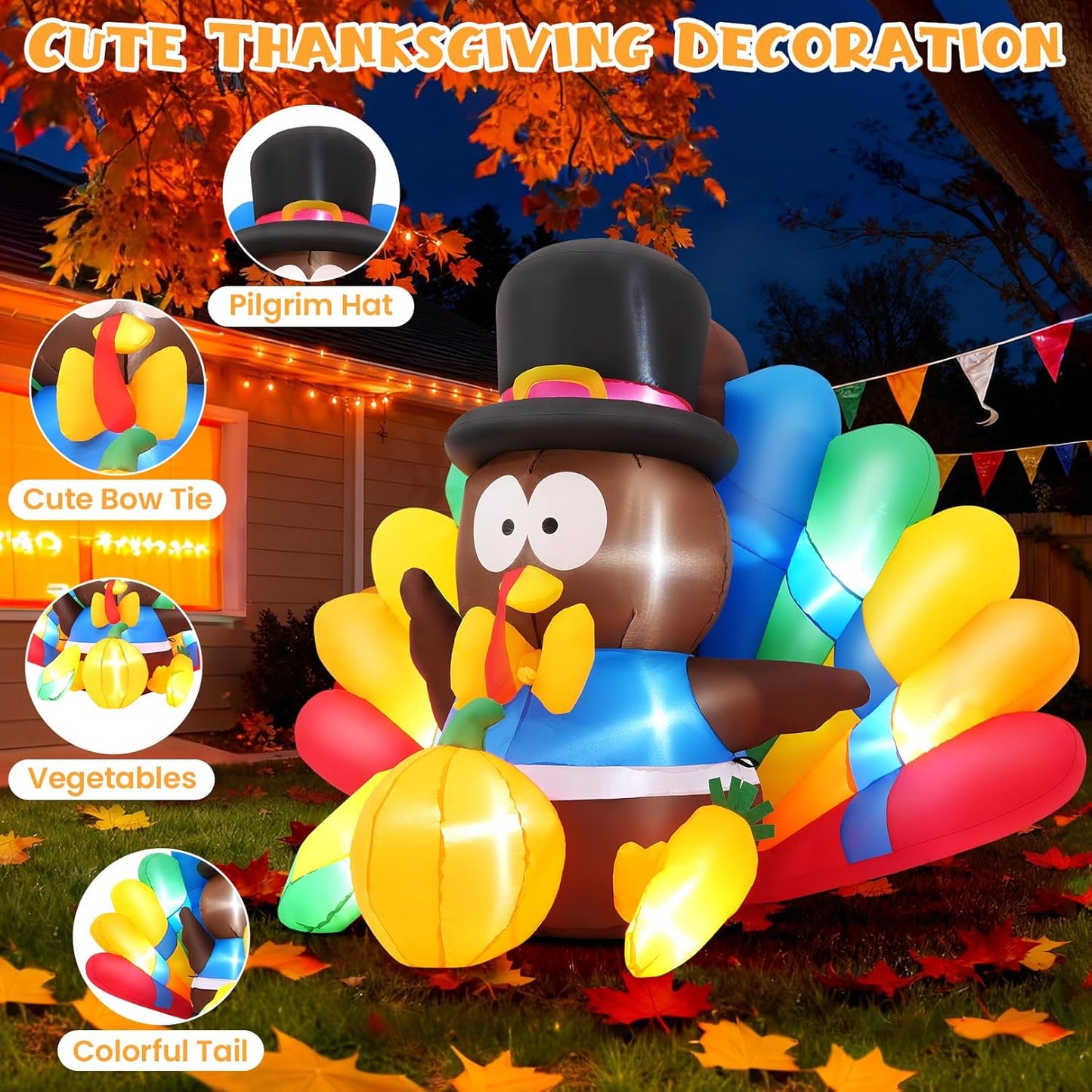 KRISRATE 6FT Thanksgiving Inflatables Turkey Decorations with Pilgrim Hat & Colorful Tail, Built-in LED Lights Blow up Turkey Inflatable Fall Holiday