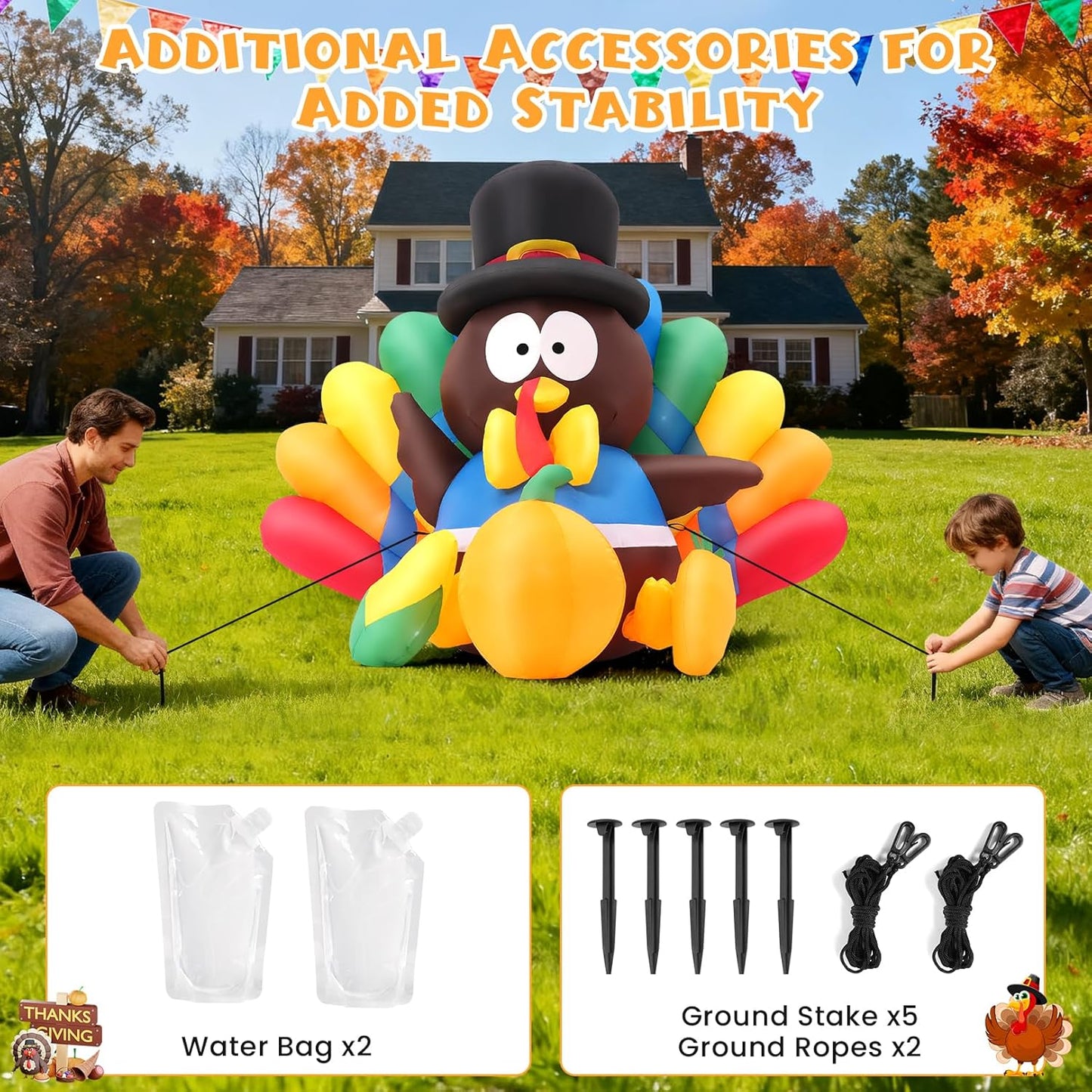 KRISRATE 6FT Thanksgiving Inflatables Turkey Decorations with Pilgrim Hat & Colorful Tail, Built-in LED Lights Blow up Turkey Inflatable Fall Holiday