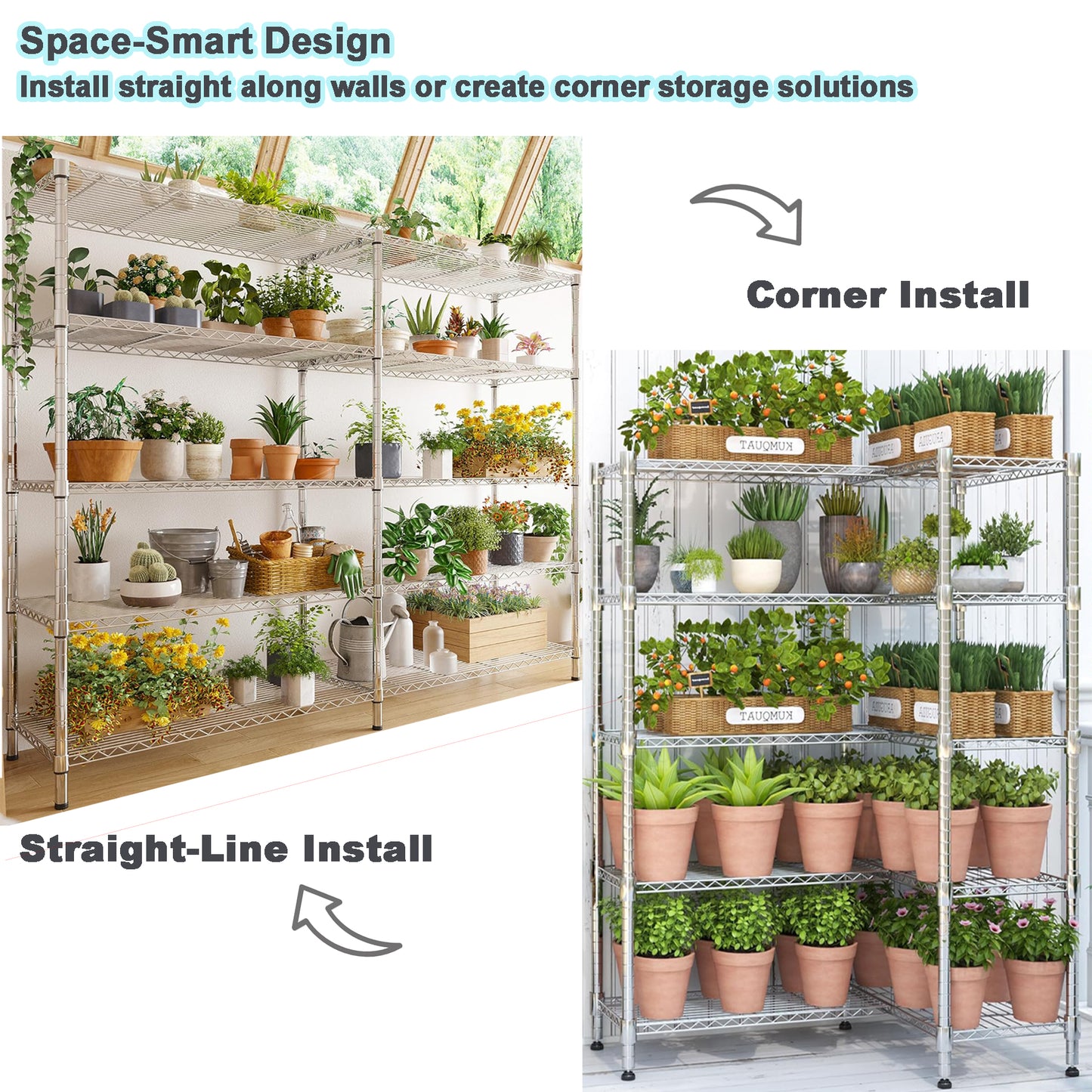 KRISRATE 4/5 Tier Wide Wire Shelving Storage Shelves Metal Closet/garage, 2-in-1 Linear/corner Setup Metal Shelves Heavy Duty w/ Adjustable Shelves