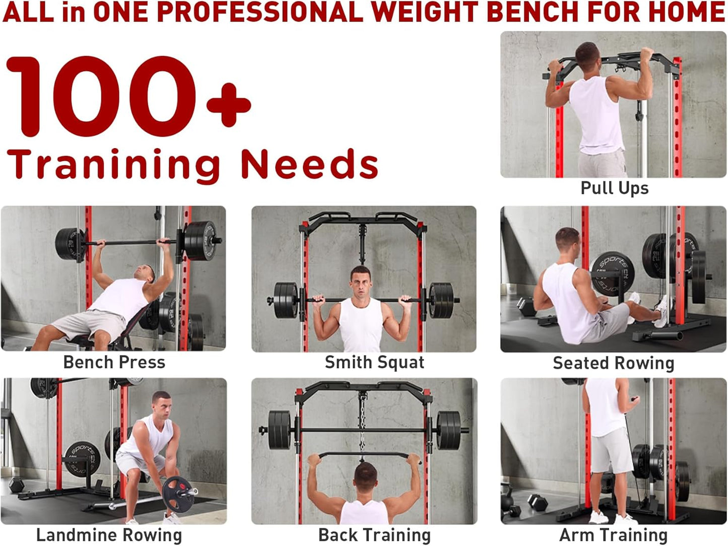 KRISRATE All-in-One Adjustable Smith Machine with LAT-Pull Down System Multi-Function Power Cage Cable Crossover Squat Rack of Workout Equipment