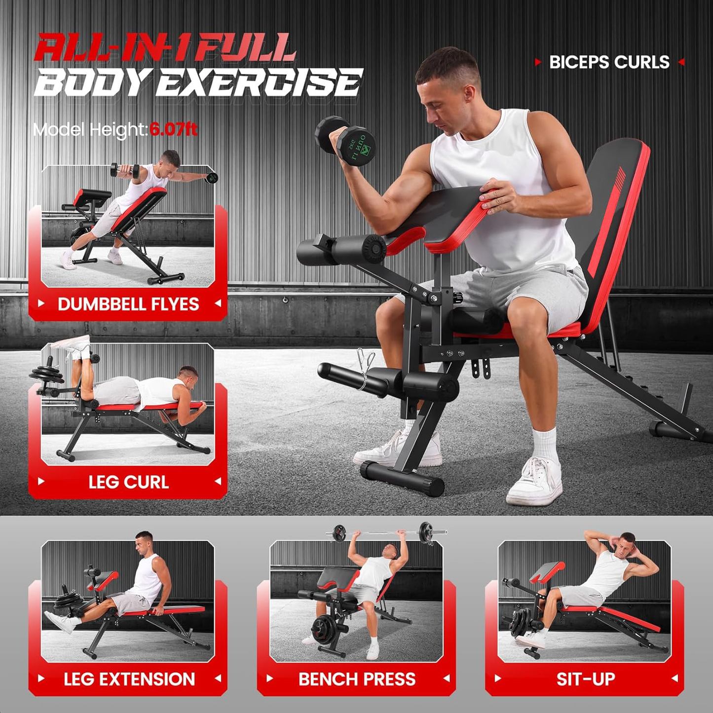 KRISRATE 800LBS Adjustable Weight Bench - Home Gym Workout Bench with Leg Extension, Leg Curl & Preacher Curl, Multi-Position Gym Bench Exercise Bench