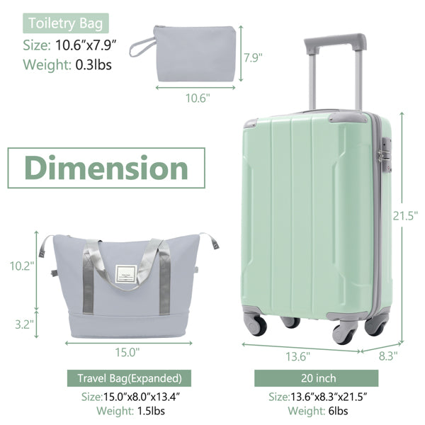 YOUNGFIT 3 PCS ABS Lightweight Hard Shell Carry on Luggage(20") with Travel Bag, Spinner Wheels and TSA Lock Suitcase for Getaways, Business Travel