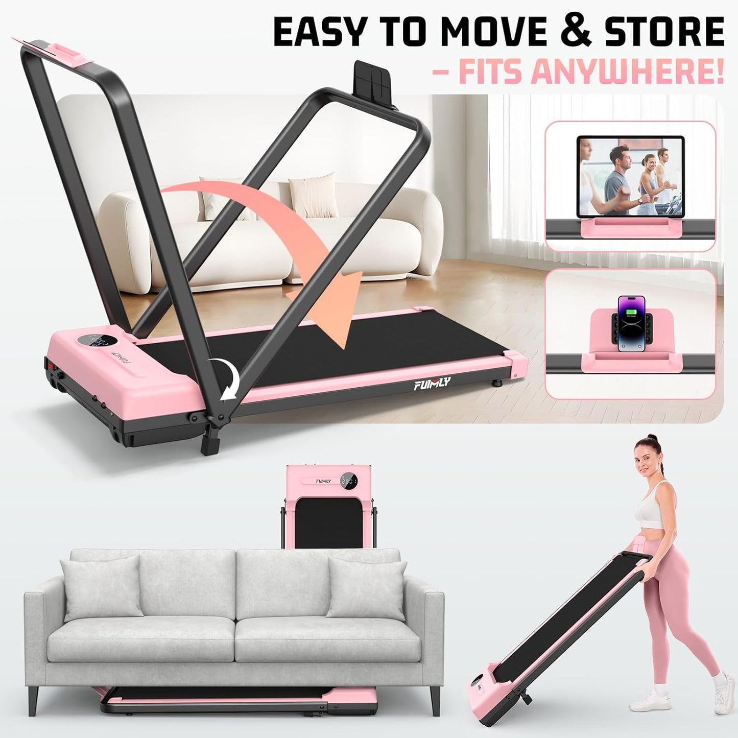 KRISRATE 3.5HP Walking Pad Treadmill with Handle Bar & Shock Absorption, Foldable Treadmills for Home, Under Desk Compact Walking Pad