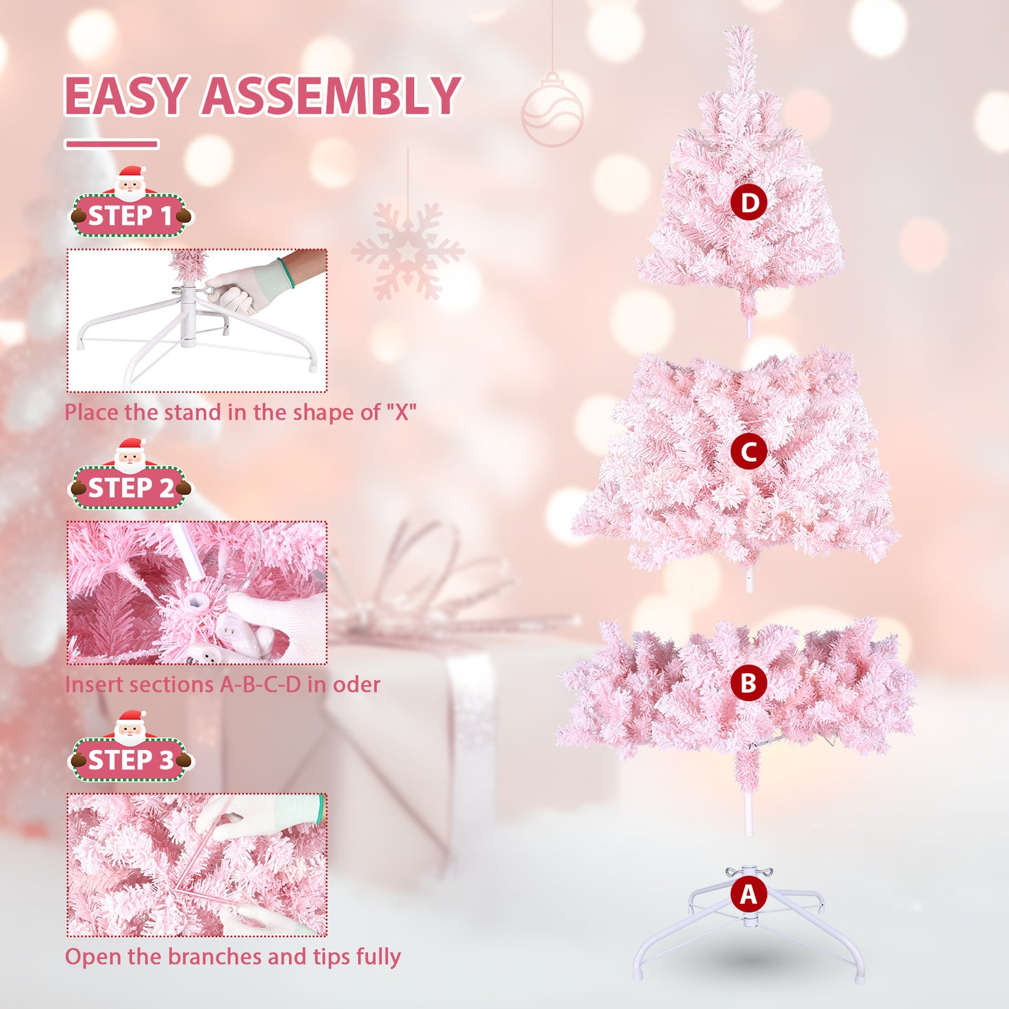 KRISRATE 6FT Pre-lit Pink Flocked Artificial Christmas Tree 8 Adjustable Light Modes, 250 LED Lights, 640 PVC Branch Tips, Foldable Metal Stand, Pink