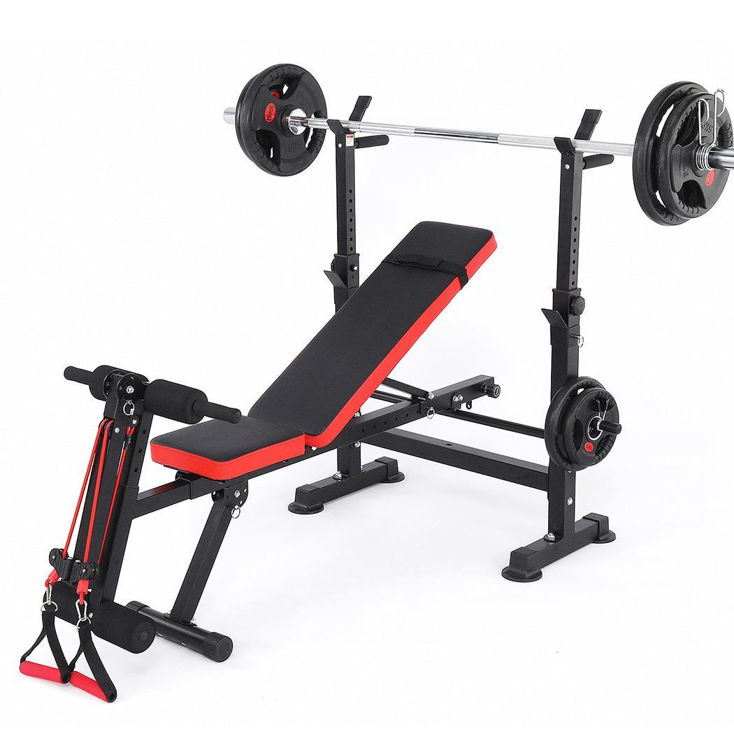 KRISRATE 3S Fast Folding All In One Weight Bench Set 600lbs, Home Gym Equipment Set w/ Removable Rowing Foot Catch, Squat Rack for Full Body Workout
