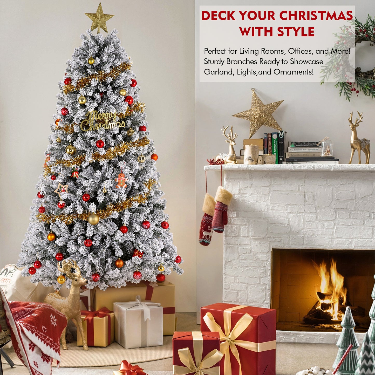 KRISRATE 6FT Pre-Lit Snow Flocked Christmas Tree with 250 LED Lights, 956 Branch Tips, Hinged Artificial Xmas Tree with Metal Stand for Holiday Decor