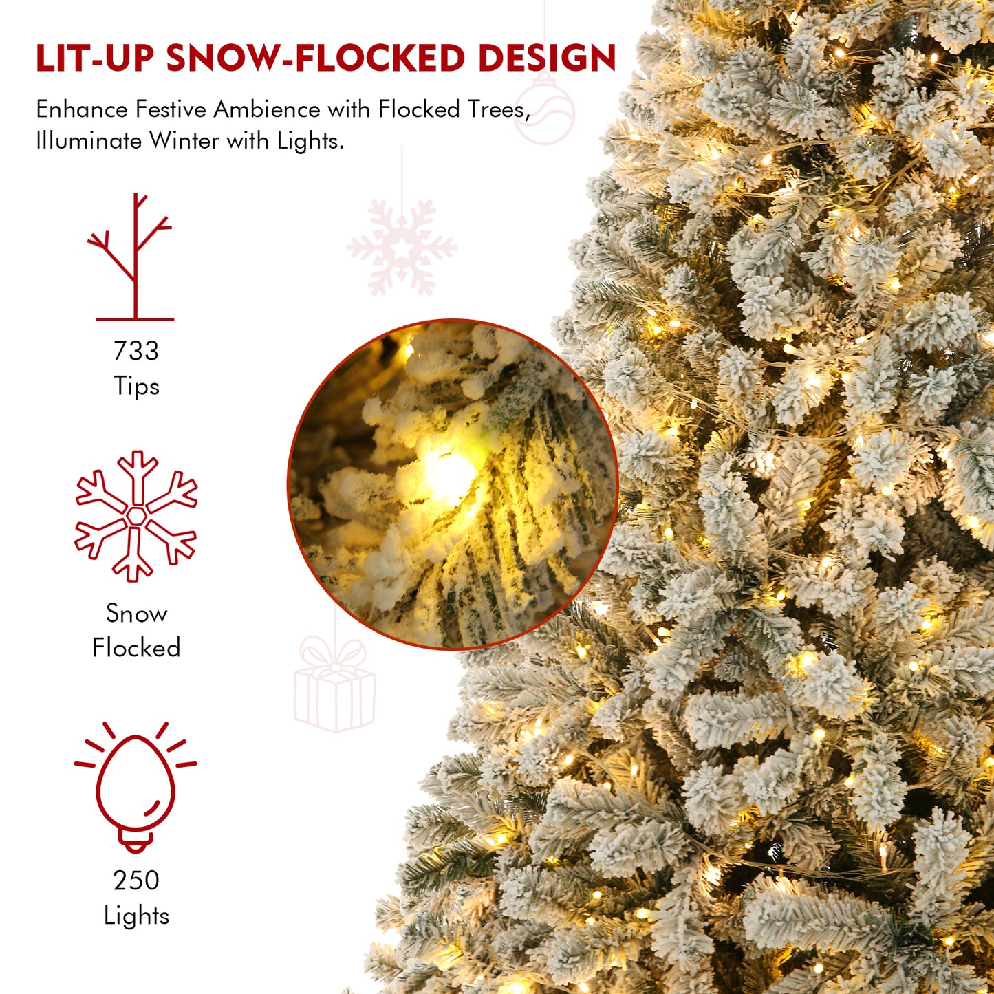 KRISRATE 6FT Pre-Lit Snow Flocked Christmas Tree with 250 LED Lights, 956 Branch Tips, Hinged Artificial Xmas Tree with Metal Stand for Holiday Decor