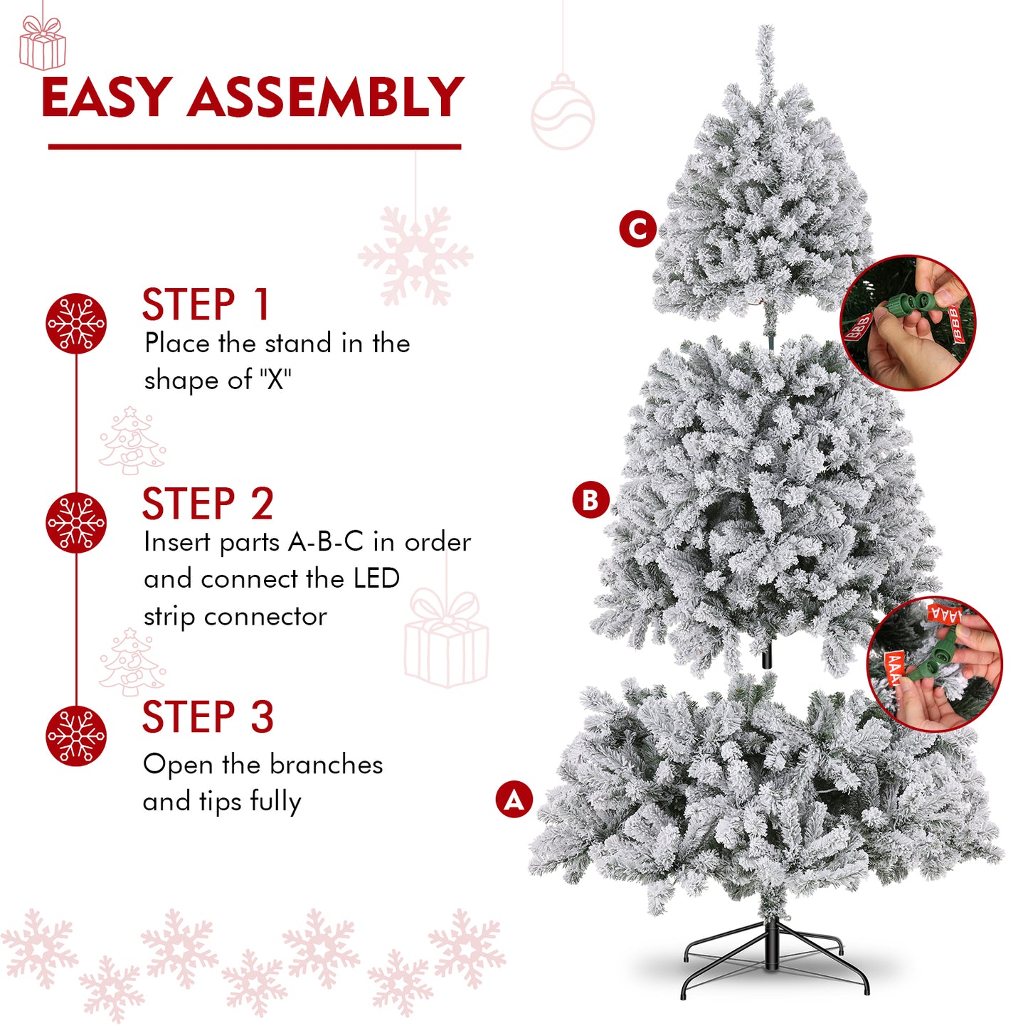 KRISRATE 6FT Pre-Lit Snow Flocked Christmas Tree with 250 LED Lights, 956 Branch Tips, Hinged Artificial Xmas Tree with Metal Stand for Holiday Decor
