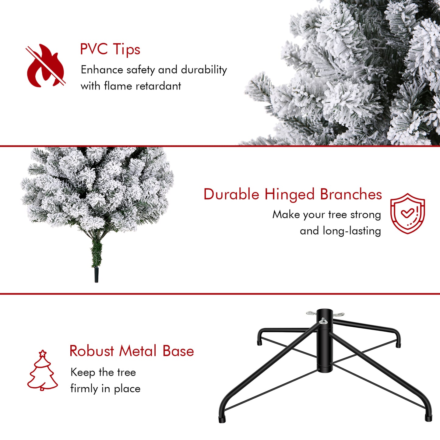 KRISRATE 6FT Pre-Lit Snow Flocked Christmas Tree with 250 LED Lights, 956 Branch Tips, Hinged Artificial Xmas Tree with Metal Stand for Holiday Decor