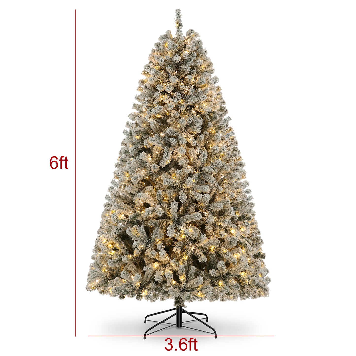 KRISRATE 6FT Pre-Lit Snow Flocked Christmas Tree with 250 LED Lights, 956 Branch Tips, Hinged Artificial Xmas Tree with Metal Stand for Holiday Decor