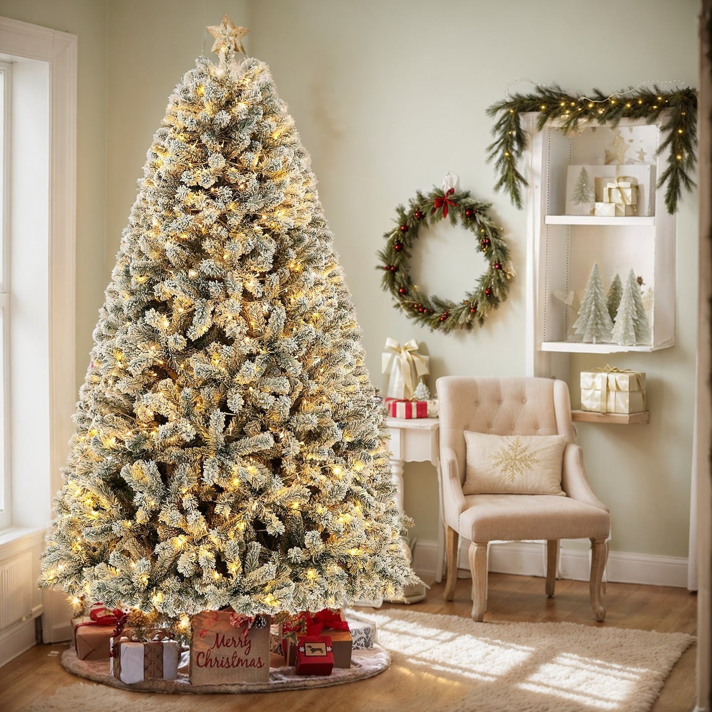 KRISRATE 6FT Pre-Lit Snow Flocked Christmas Tree with 250 LED Lights, 956 Branch Tips, Hinged Artificial Xmas Tree with Metal Stand for Holiday Decor