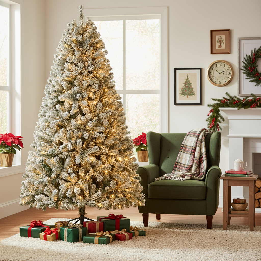 KRISRATE 6FT Pre-Lit Snow Flocked Christmas Tree with 250 LED Lights, 956 Branch Tips, Hinged Artificial Xmas Tree with Metal Stand for Holiday Decor