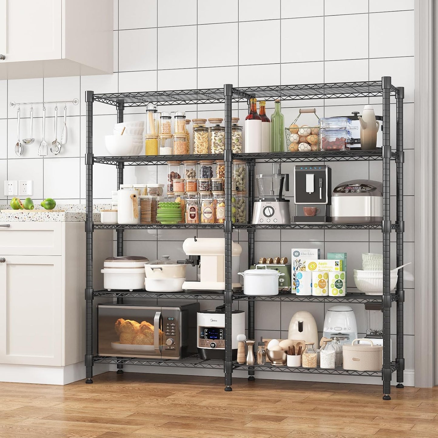 KRISRATE 4/5 Tier Wide Wire Shelving Storage Shelves Metal Closet/garage, 2-in-1 Linear/corner Setup Metal Shelves Heavy Duty w/ Adjustable Shelves