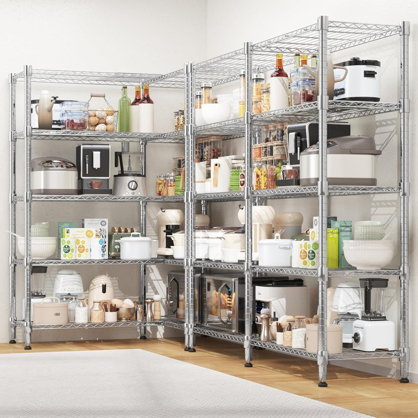 KRISRATE 4/5 Tier Wide Wire Shelving Storage Shelves Metal Closet/garage, 2-in-1 Linear/corner Setup Metal Shelves Heavy Duty w/ Adjustable Shelves