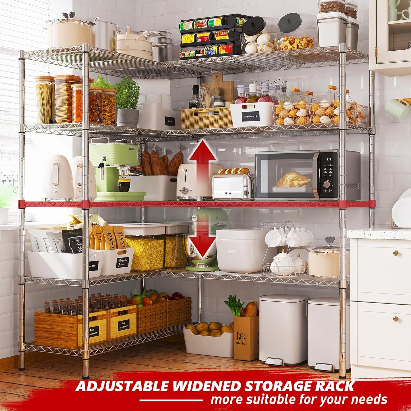 KRISRATE 4/5 Tier Wide Wire Shelving Storage Shelves Metal Closet/garage, 2-in-1 Linear/corner Setup Metal Shelves Heavy Duty w/ Adjustable Shelves