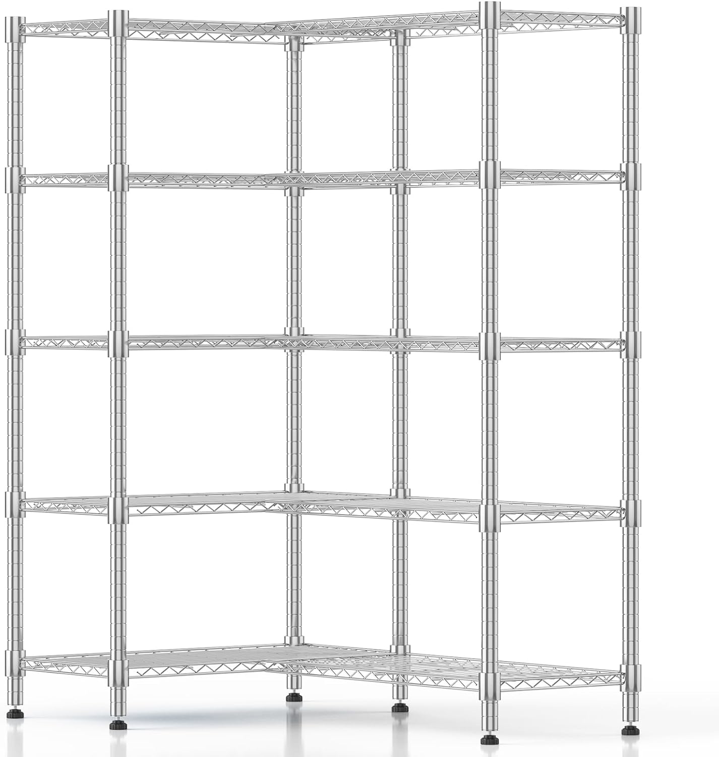 KRISRATE 4/5 Tier Wide Wire Shelving Storage Shelves Metal Closet/garage, 2-in-1 Linear/corner Setup Metal Shelves Heavy Duty w/ Adjustable Shelves