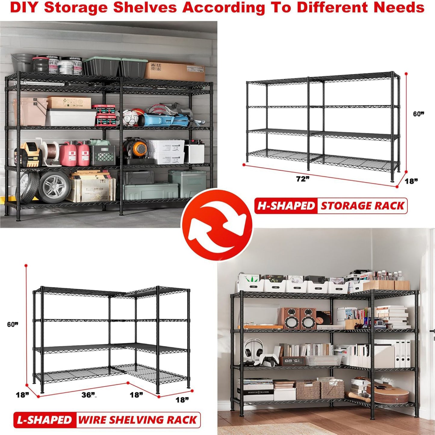 KRISRATE 4/5 Tier Wide Wire Shelving Storage Shelves Metal Closet/garage, 2-in-1 Linear/corner Setup Metal Shelves Heavy Duty w/ Adjustable Shelves