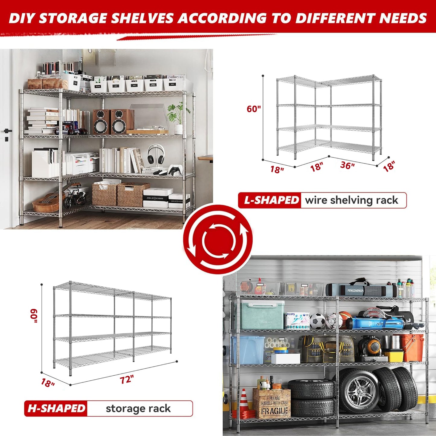 KRISRATE 4/5 Tier Wide Wire Shelving Storage Shelves Metal Closet/garage, 2-in-1 Linear/corner Setup Metal Shelves Heavy Duty w/ Adjustable Shelves
