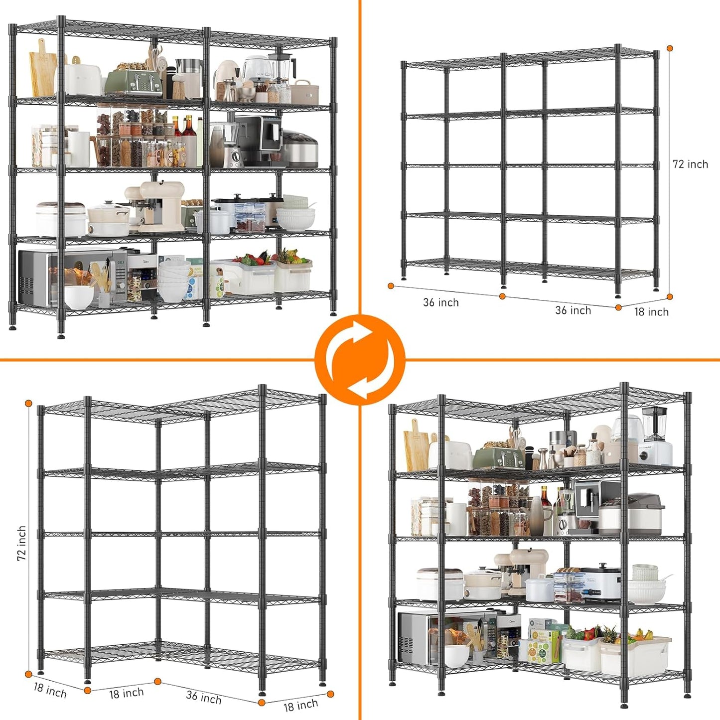 KRISRATE 4/5 Tier Wide Wire Shelving Storage Shelves Metal Closet/garage, 2-in-1 Linear/corner Setup Metal Shelves Heavy Duty w/ Adjustable Shelves
