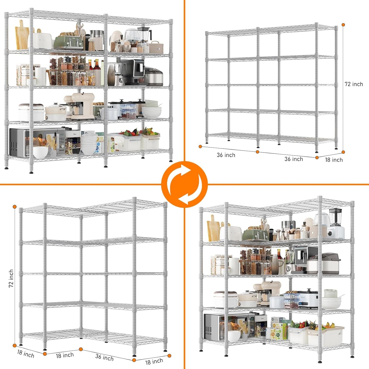 KRISRATE 4/5 Tier Wide Wire Shelving Storage Shelves Metal Closet/garage, 2-in-1 Linear/corner Setup Metal Shelves Heavy Duty w/ Adjustable Shelves