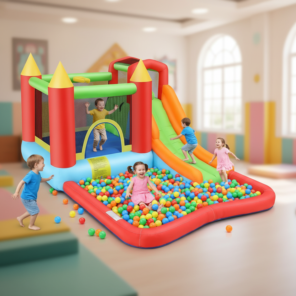 KRISRATE Inflatable Bounce House 12 x 9FT, Water Park Bouncy Castle with Long Slide, Climbing Wall, Basketball Hoop & Splash Pool for Outdoor Backyard