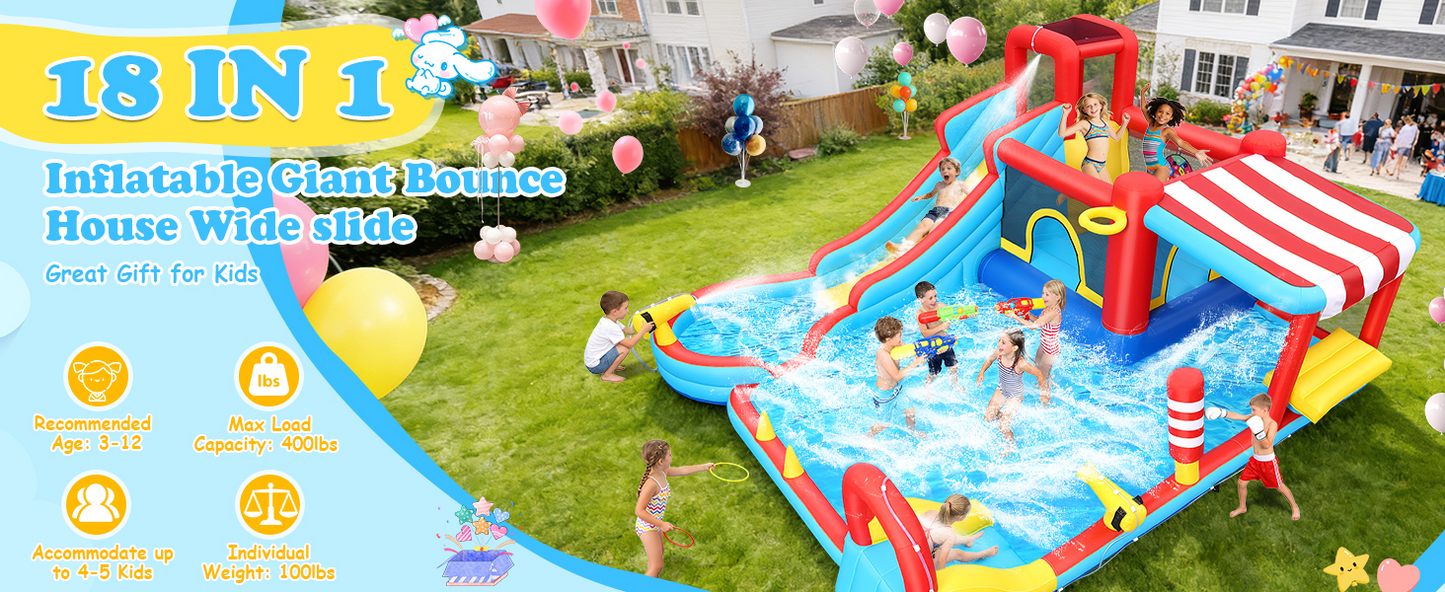 KRISRATE Inflatable Large Bounce House Water Slide Park with Dual Slides & Big Splash Pool, Water Sprayers & 550W Blower for Outdoor Backyard Party