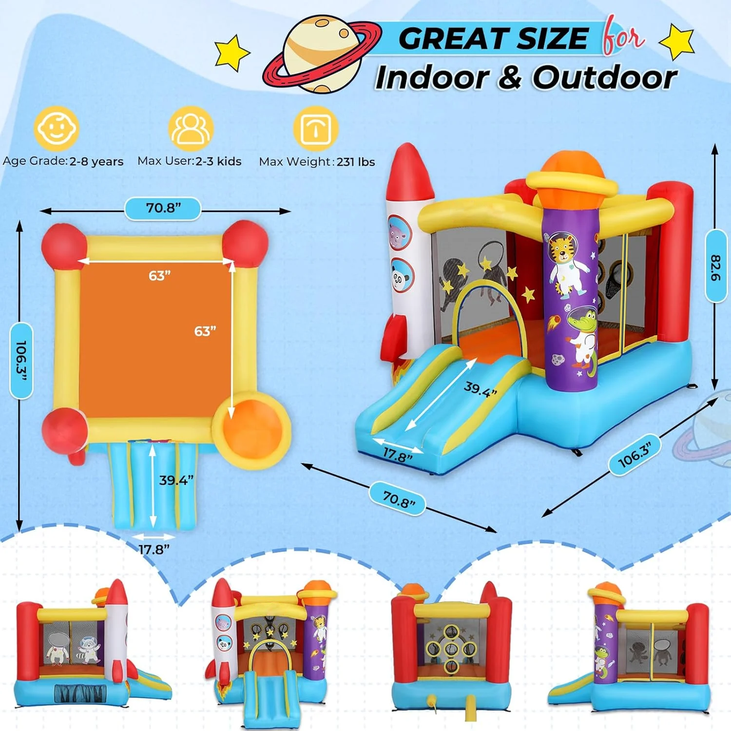 KRISRATE Inflatable Bounce House for Kids with Slide & Blower - Astronaut Rocket Theme Bouncy Castle with Jumping Area, Ball Toss Game, Indoor Outdoor