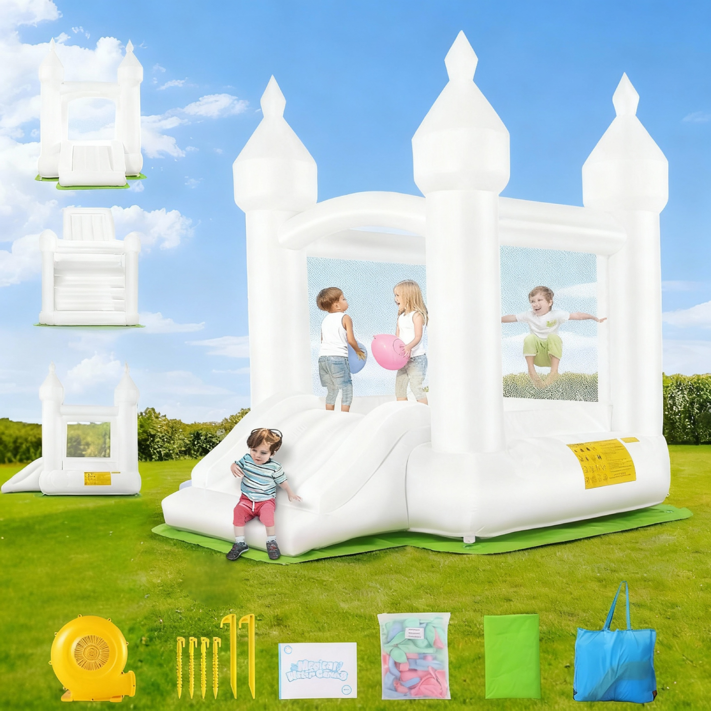 White Inflatable Bounce House with Slide & Blower, 101"x70"x97" Bouncy Castle for Kids Indoor Outdoor Birthday Wedding Party w/ Balloons & Floor Mat