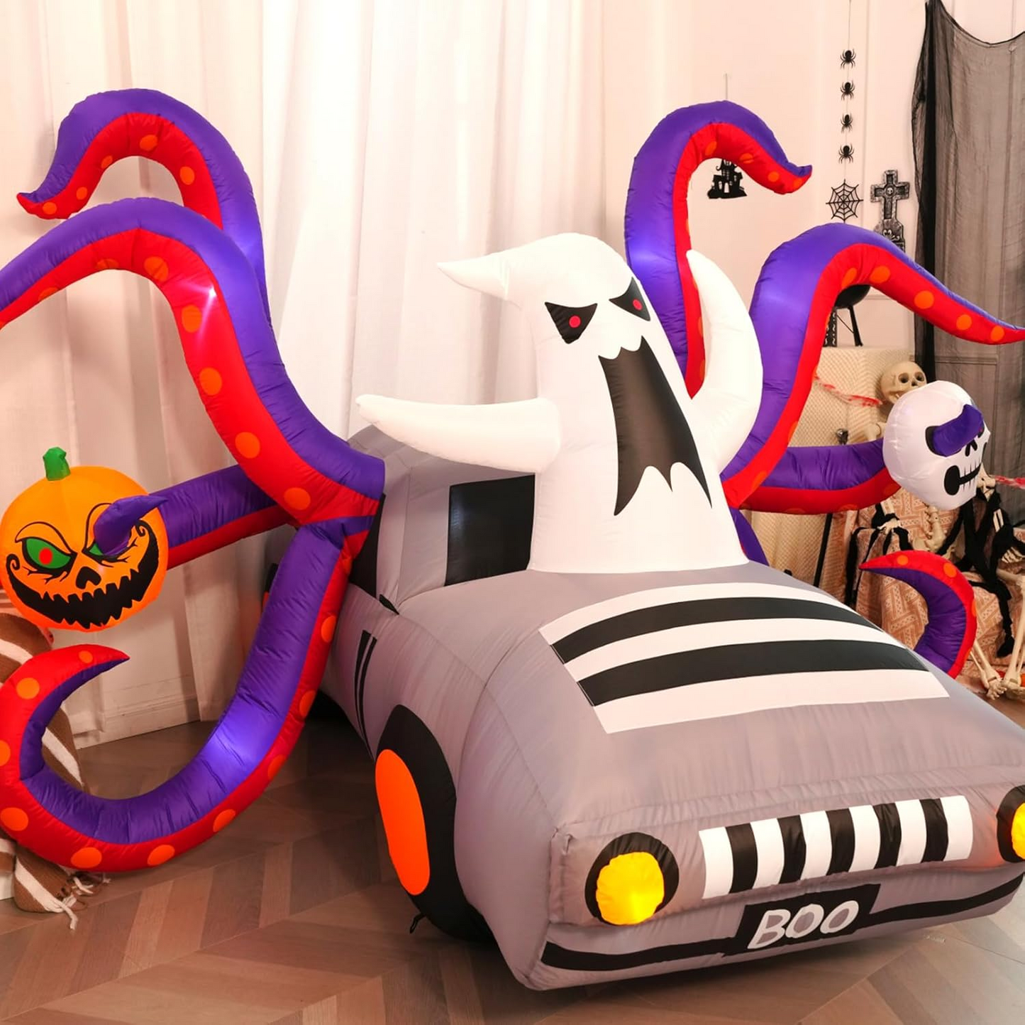 KRISRATE 10FT Halloween Inflatable Octopus Car with 8 Tentacles, LED Ghost Pumpkin Skull, Outdoor Indoor Yard Party Haunted House Decoration