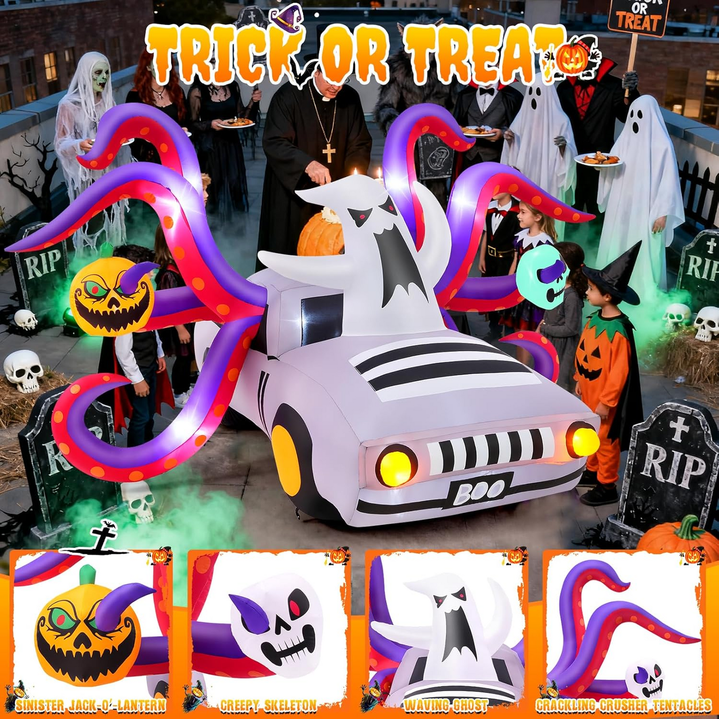 KRISRATE 10FT Halloween Inflatable Octopus Car with 8 Tentacles, LED Ghost Pumpkin Skull, Outdoor Indoor Yard Party Haunted House Decoration