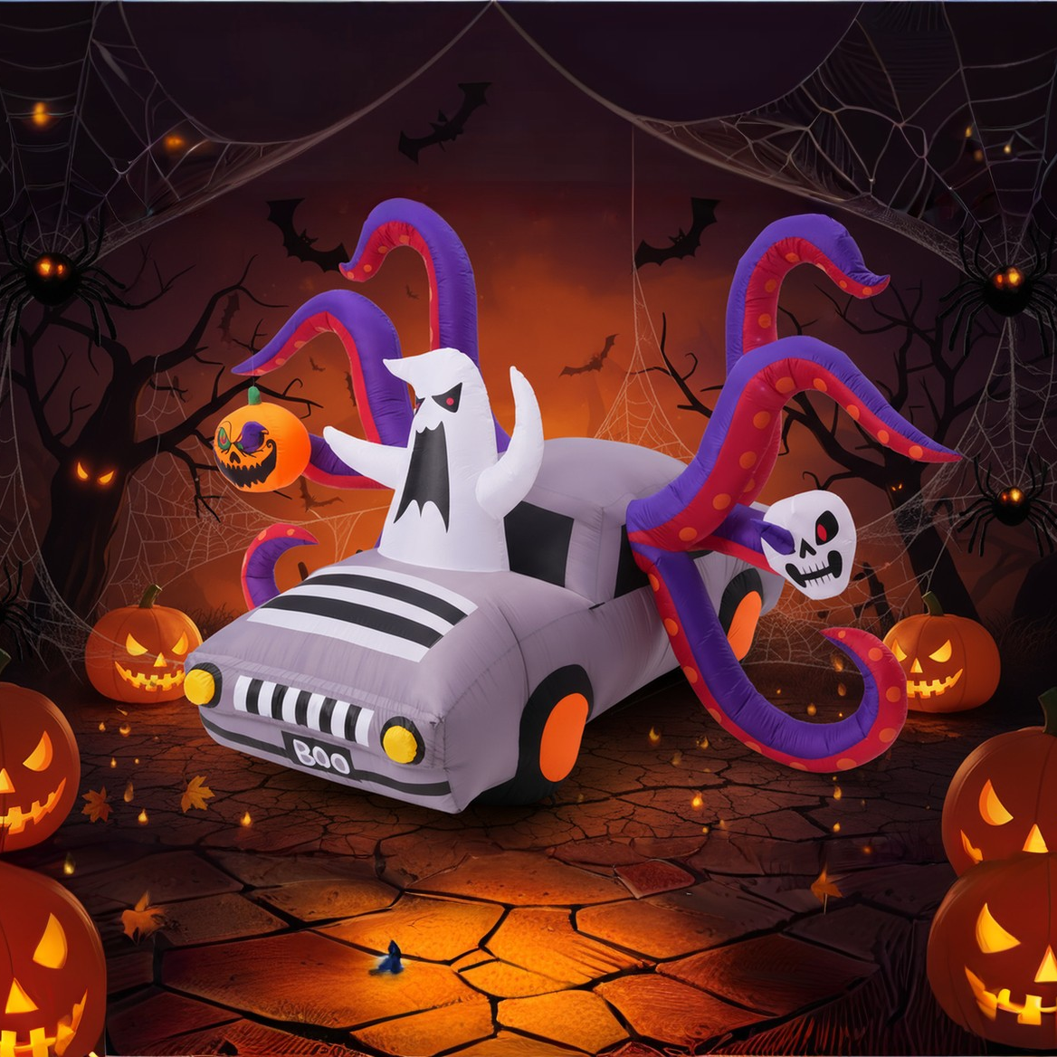 KRISRATE 10FT Halloween Inflatable Octopus Car with 8 Tentacles, LED Ghost Pumpkin Skull, Outdoor Indoor Yard Party Haunted House Decoration