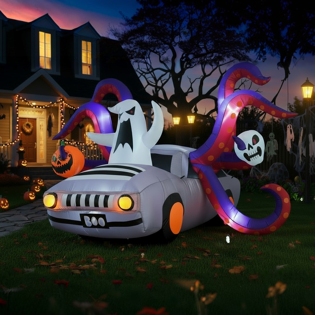 KRISRATE 10FT Halloween Inflatable Octopus Car with 8 Tentacles, LED Ghost Pumpkin Skull, Outdoor Indoor Yard Party Haunted House Decoration