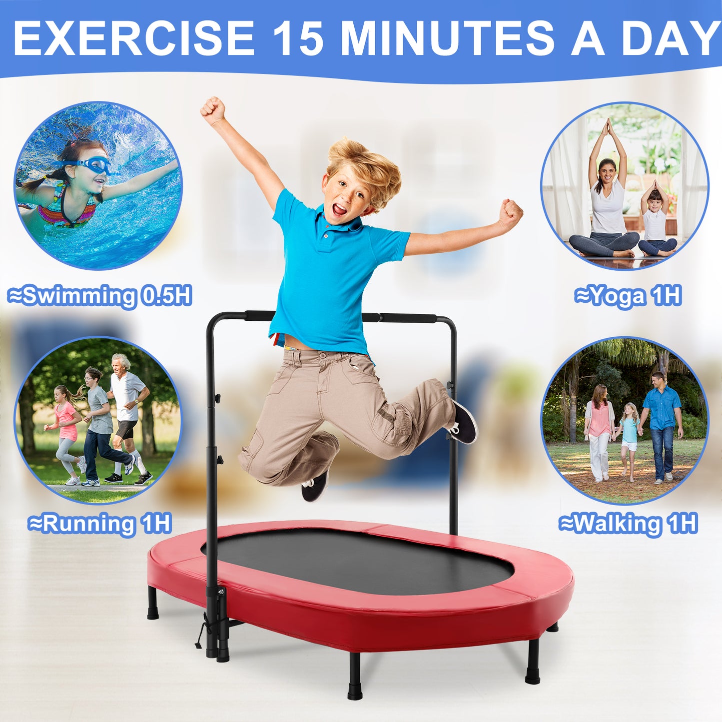 KRISRATE 56" Double Trampoline, Mini Fitness Rebounder with 5-Level Adjustable Handle, Parent-Child Trampoline, Max Load 220lbs, for Indoor/Outdoor