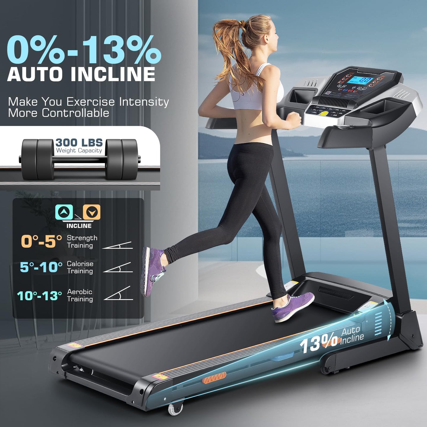 ANCHEER Folding Treadmill with Auto Incline, Smart App Control, Bluetooth Audio Speaker, LED Display, Max 9 MPH